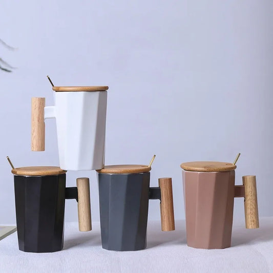 Textured Nordic Wooden Handle Ceramic Porcelain Coffee Mug - Elegant design and capacity - White Mug to the Left