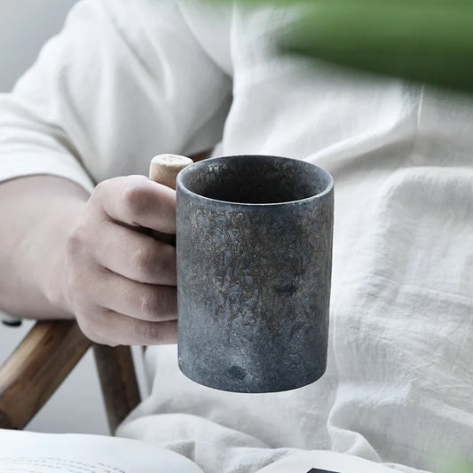 Vintage Ceramic Mug - Myrtle Cup 300ml (10.1oz) - Wood Handle, Spoon, Rustic Design  - 01