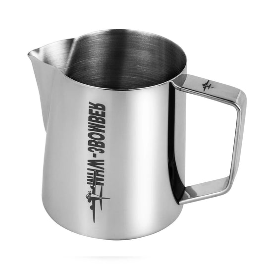 2023 WLAB World Champion Milk Frothing Pitcher - Stainless Steel Latte Art Jug - Barista Fan Espresso Cup - Silver Left Side