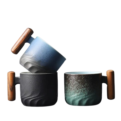 Artisanal Ceramic Mug with Wooden Handle - Handmade Italian Tea & Coffee Cup - all cups