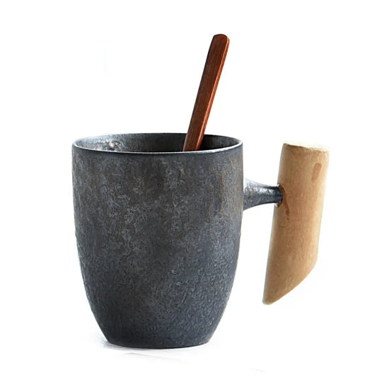 Rustic Wood-Handled Big Belly Ceramic Tea Mug with Spoon 300ml (10.1oz) - Vintage Design - 01